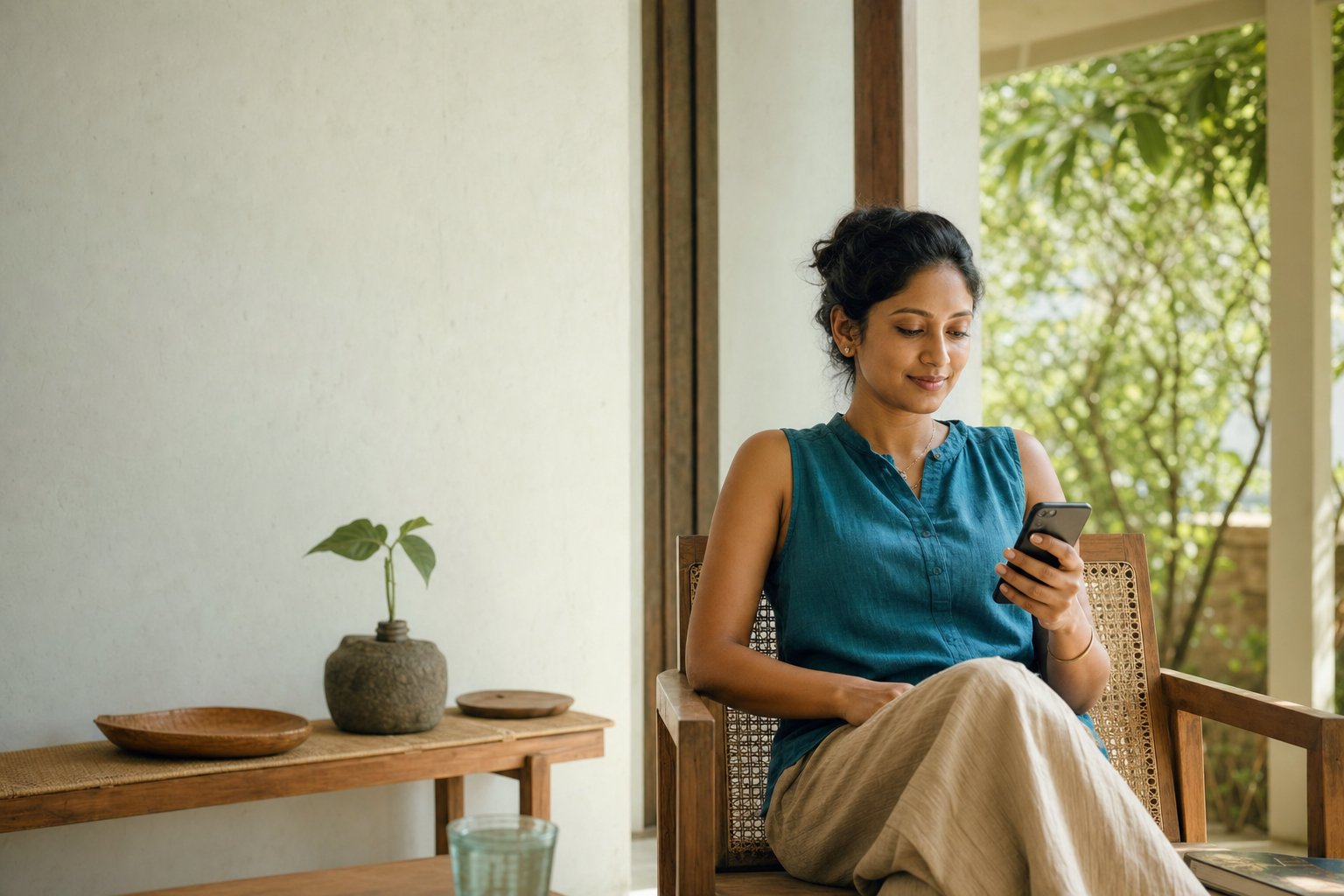 A woman calmly reviewing information on her phone at home